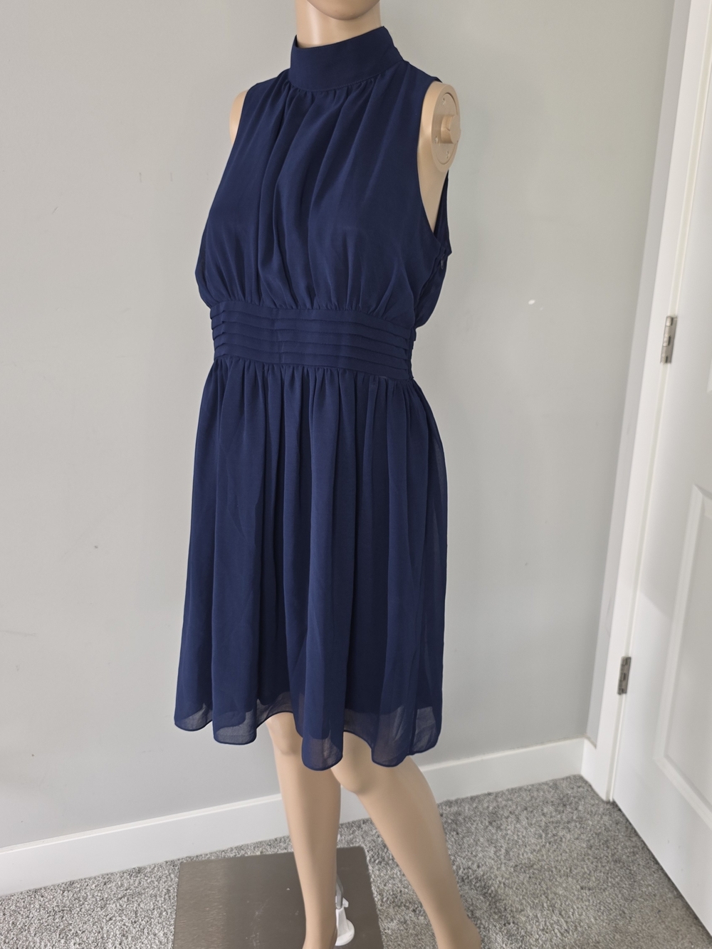 Ya Los Angeles Windy City Navy Halter Midi Dress Sz L Side Zip Lined Chiffon - Picture 4 of 16